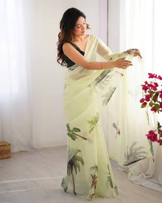 Green organza printed partywear saree 5