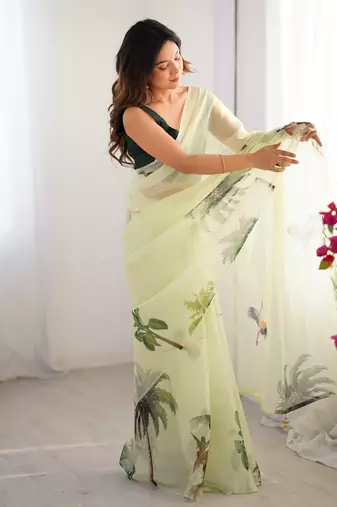 Green organza printed partywear saree