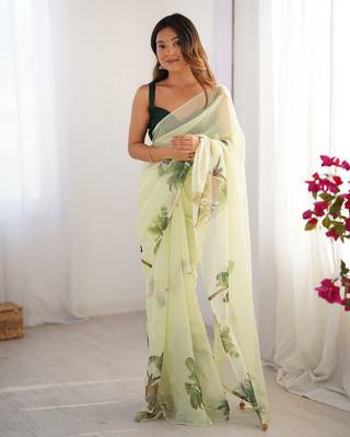 Green organza printed partywear saree 6