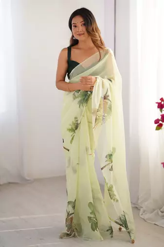 Green organza printed partywear saree