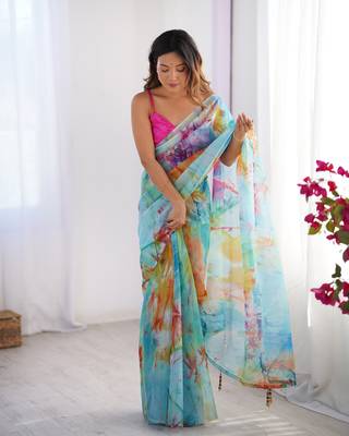 Multi organza printed partywear saree 1