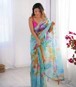 Multicolor organza designer printed partywear saree