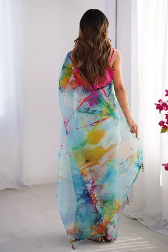 Multi organza printed partywear saree