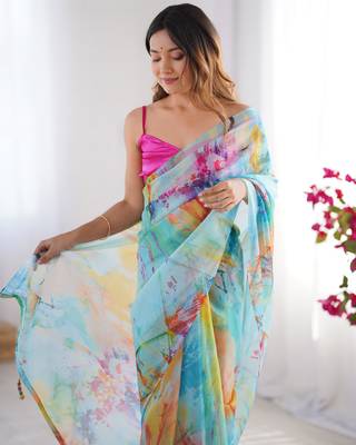 Multi organza printed partywear saree 4