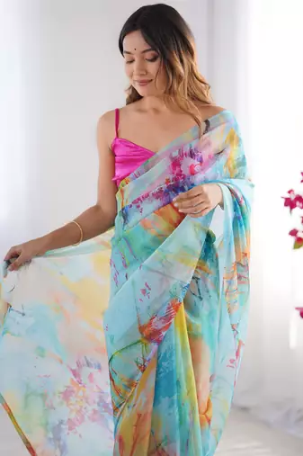 Multi organza printed partywear saree