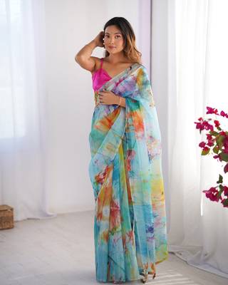 Multi organza printed partywear saree 5