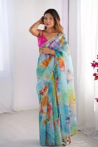 Multi organza printed partywear saree