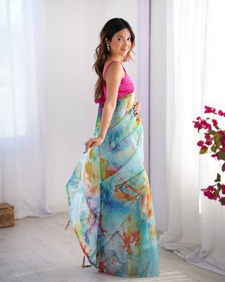 Multi organza printed partywear saree 6