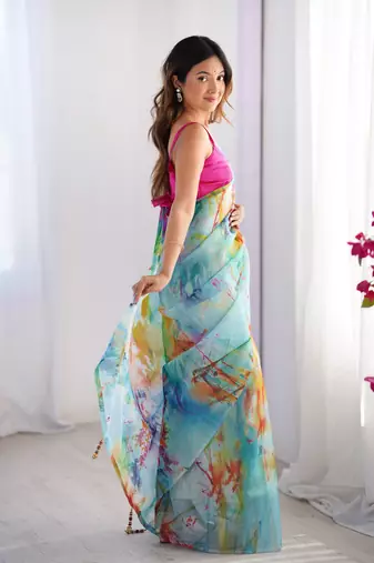 Multi organza printed partywear saree