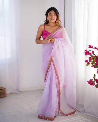 Purple twill net lace work partywear saree 1