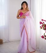 Purple twill net designer lace work partywear saree