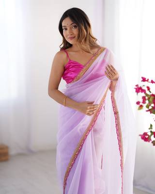 Purple twill net lace work partywear saree 4