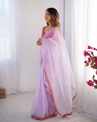 Purple twill net lace work partywear saree 5