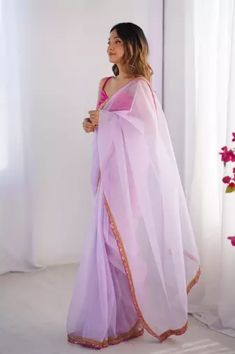 Purple twill net lace work partywear saree