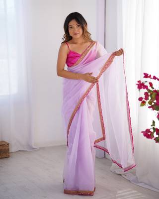 Purple twill net lace work partywear saree 6