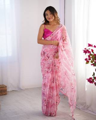 Pink organza printed partywear saree 1