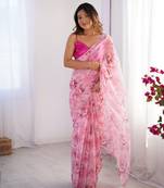 Pink organza designer printed partywear saree