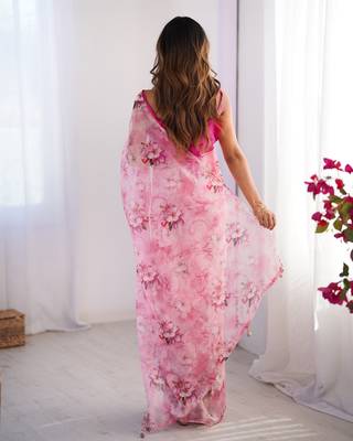 Pink organza printed partywear saree 3