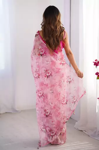 Pink organza printed partywear saree