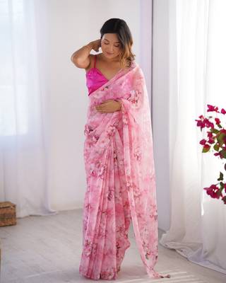 Pink organza printed partywear saree 5