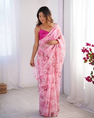Pink organza printed partywear saree 6