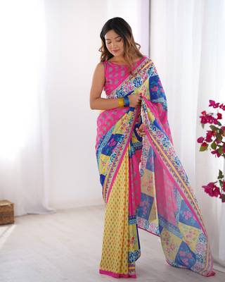 Pink chinon printed partywear saree 1