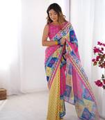 Pink chinon designer printed partywear saree