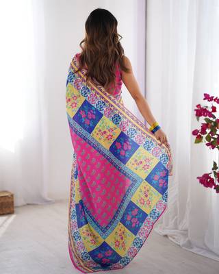 Pink chinon printed partywear saree 3