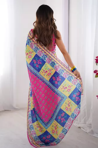 Pink chinon printed partywear saree