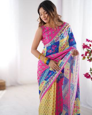 Pink chinon printed partywear saree 4