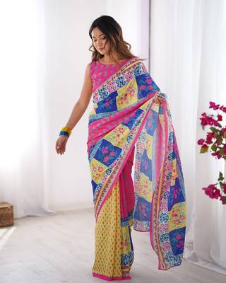 Pink chinon printed partywear saree 5