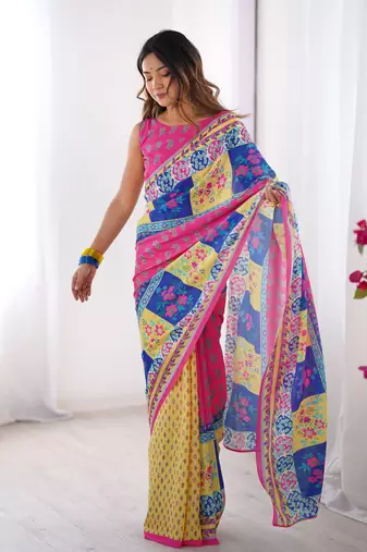Pink chinon printed partywear saree