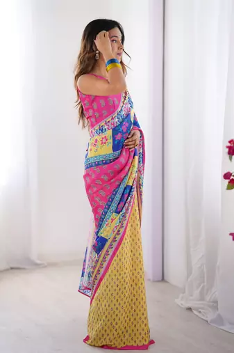 Pink chinon printed partywear saree