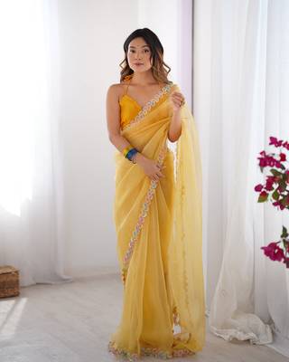 Yellow jimmy choo lace work partywear saree 1