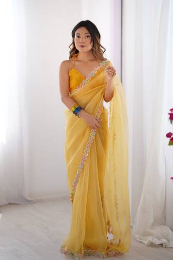 Yellow jimmy choo designer lace work partywear saree