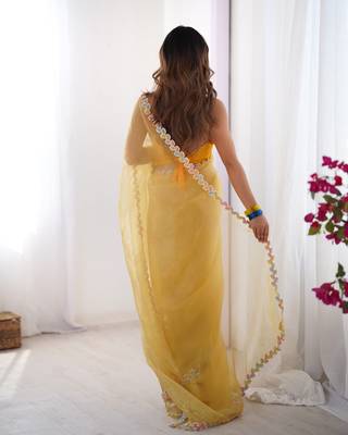 Yellow jimmy choo lace work partywear saree 3