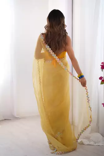 Yellow jimmy choo lace work partywear saree