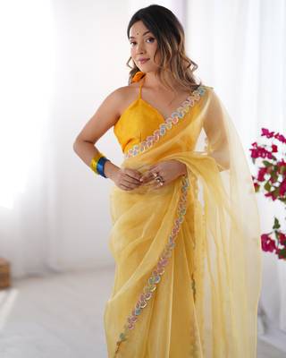 Yellow jimmy choo lace work partywear saree 4