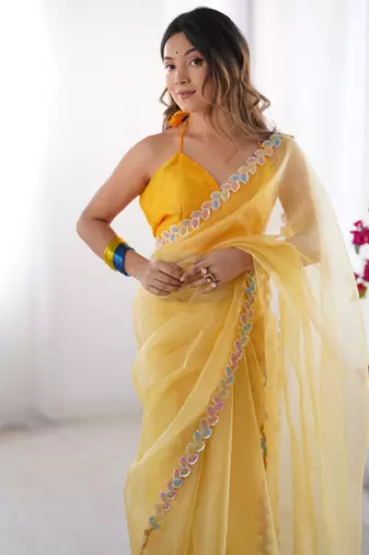 Yellow jimmy choo lace work partywear saree