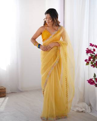 Yellow jimmy choo lace work partywear saree 5