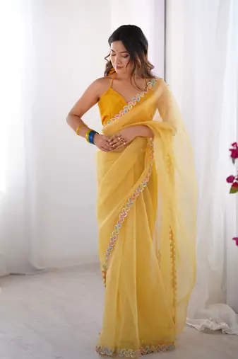 Yellow jimmy choo lace work partywear saree