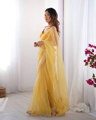 Yellow jimmy choo lace work partywear saree 6