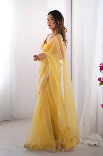 Yellow jimmy choo lace work partywear saree