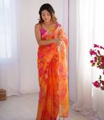 Orange organza designer printed  partywear saree