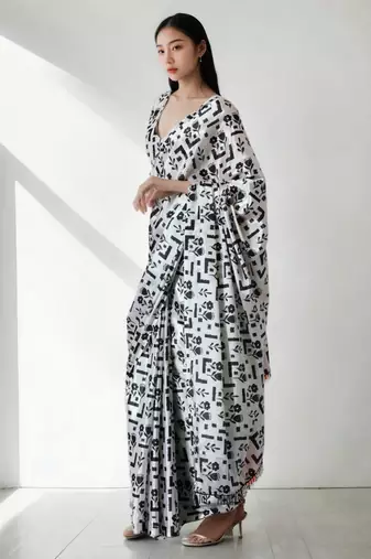 ready to wear white chinon digital printed saree