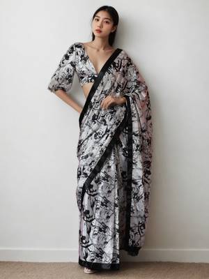 pre draped white chinon digital printed saree 1