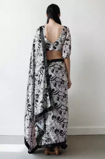 pre draped white chinon digital printed saree
