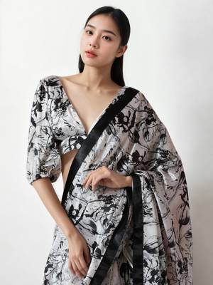 pre draped white chinon digital printed saree 3