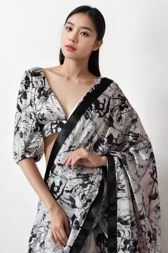 pre draped white chinon digital printed saree