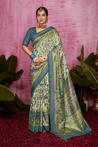 Aqua and off white woven polka dot and printed tussar silk blend saree